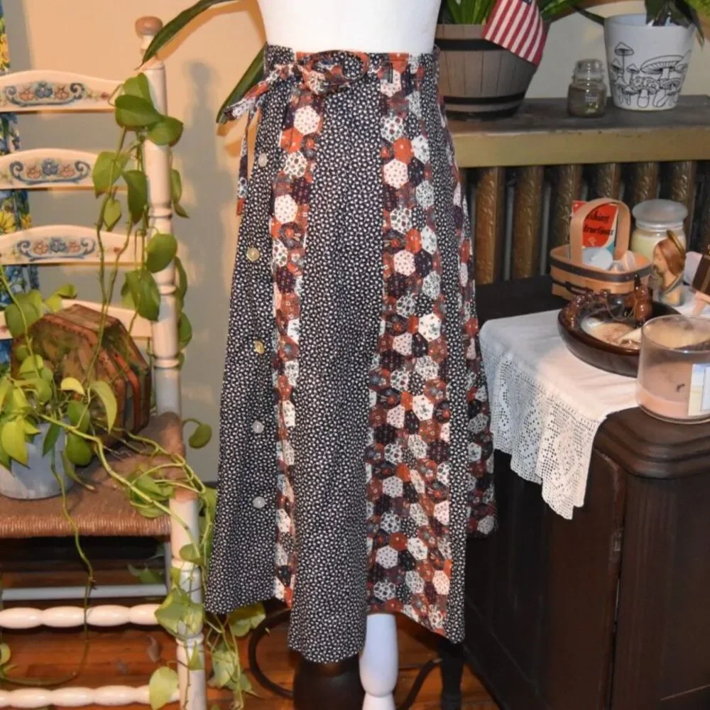 Vintage 1970s Mademoiselle Boho Prairie Skirt Patchwork Style Floral Size XS